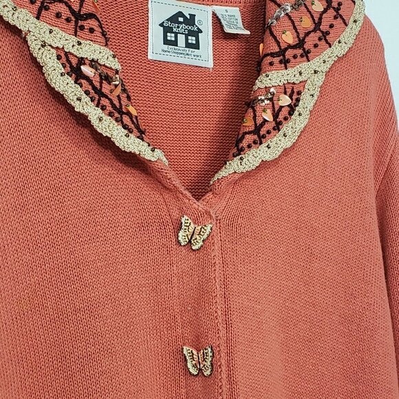 Storybook Knits  Long Orange Cardigan Sweater  Beaded / Sequins / Size S - Picture 6 of 7